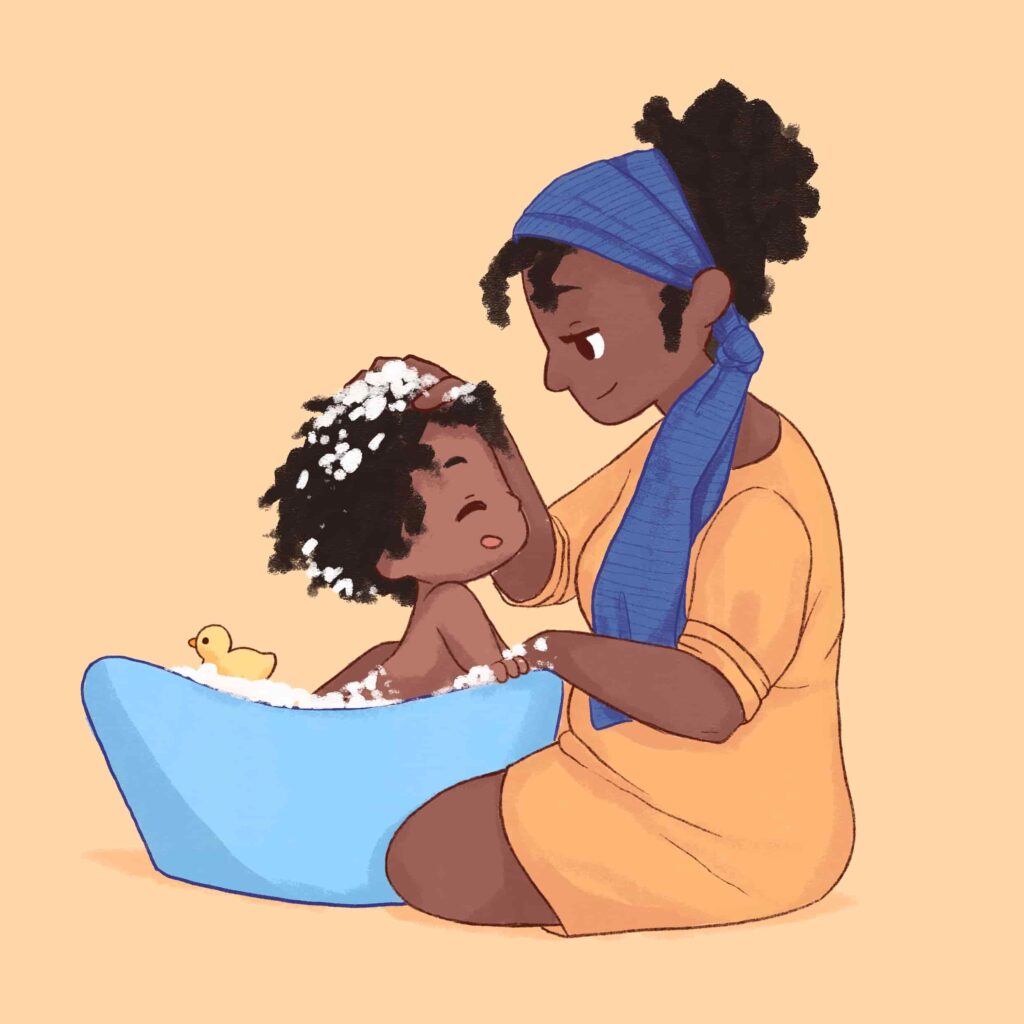 mother and daughter bathing time